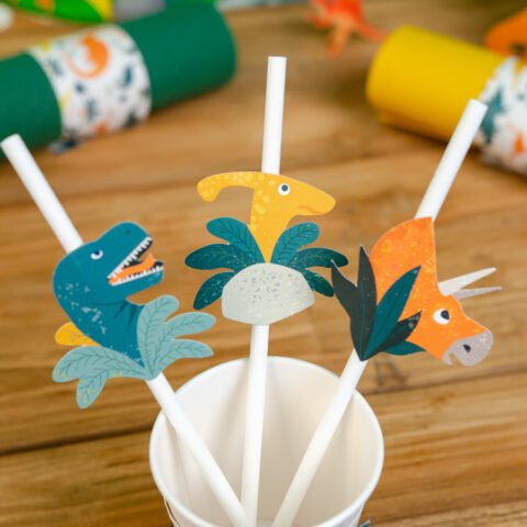6 Pailles en papier Dinosaures