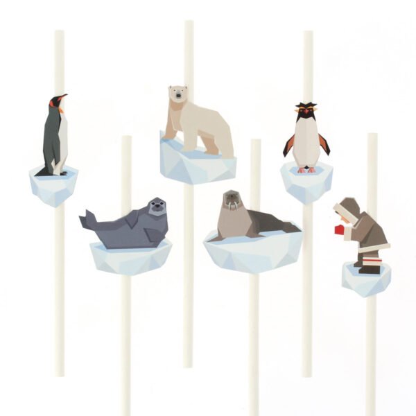 6 pailles en papier Animaux Polaires